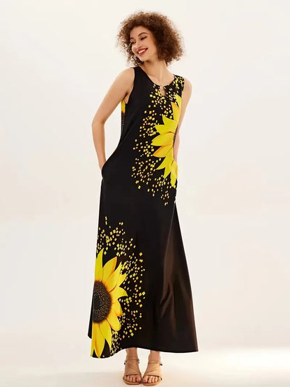 Sunflower Print Keyhole Dress, Casual Crew Neck Sleeveless Maxi Dress With Pocket, Women's Clothing