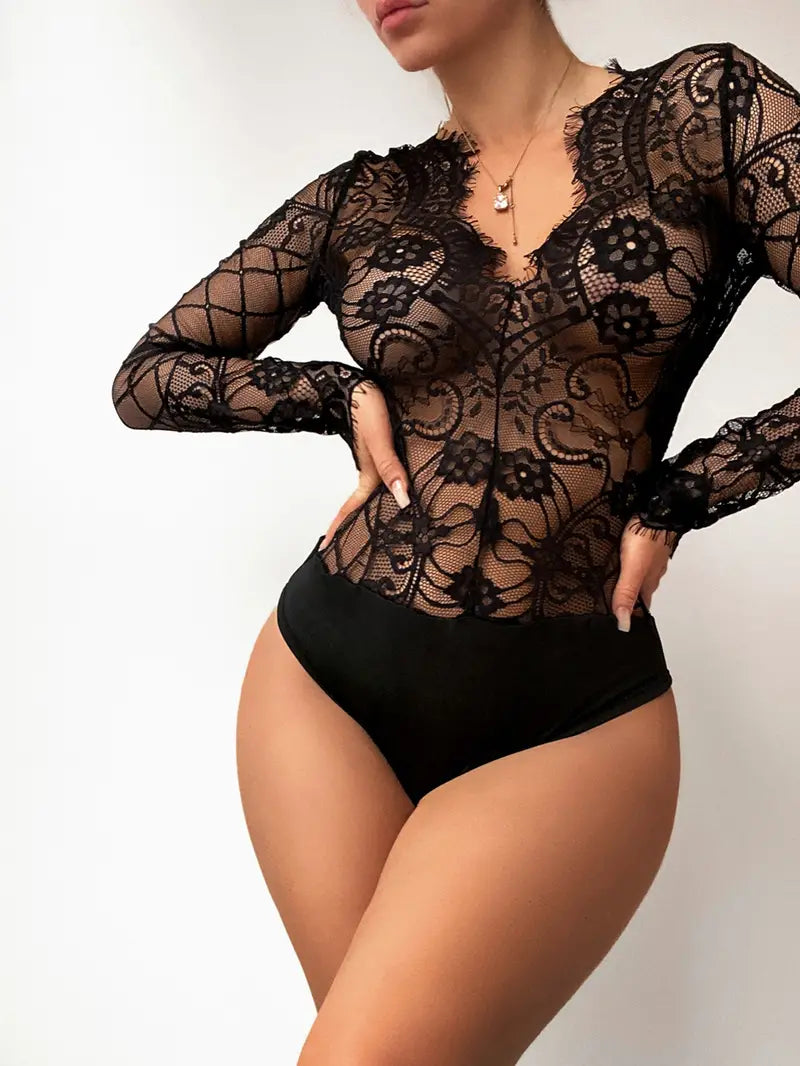 Women's Bodysuit Floral Lace Long Sleeve Mesh Sheer V Neck One Piece Bodysuit