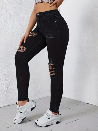 Ripped High Rise Skinny Jeans, Solid Black Stretchy Sexy Denim Pants, Women's Denim Jeans & Clothing