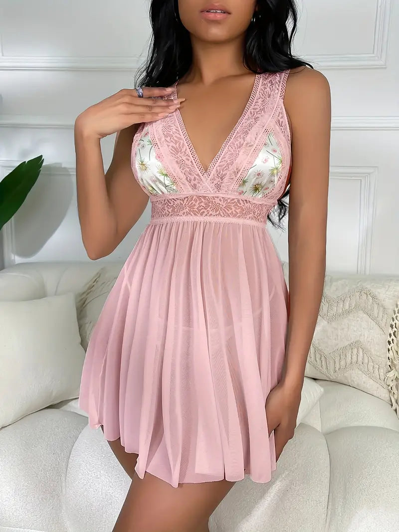 Sexy Floral Lace Mesh Babydoll, Deep V Sleeveless Backless Mini Dress, Women's Lingerie & Underwear