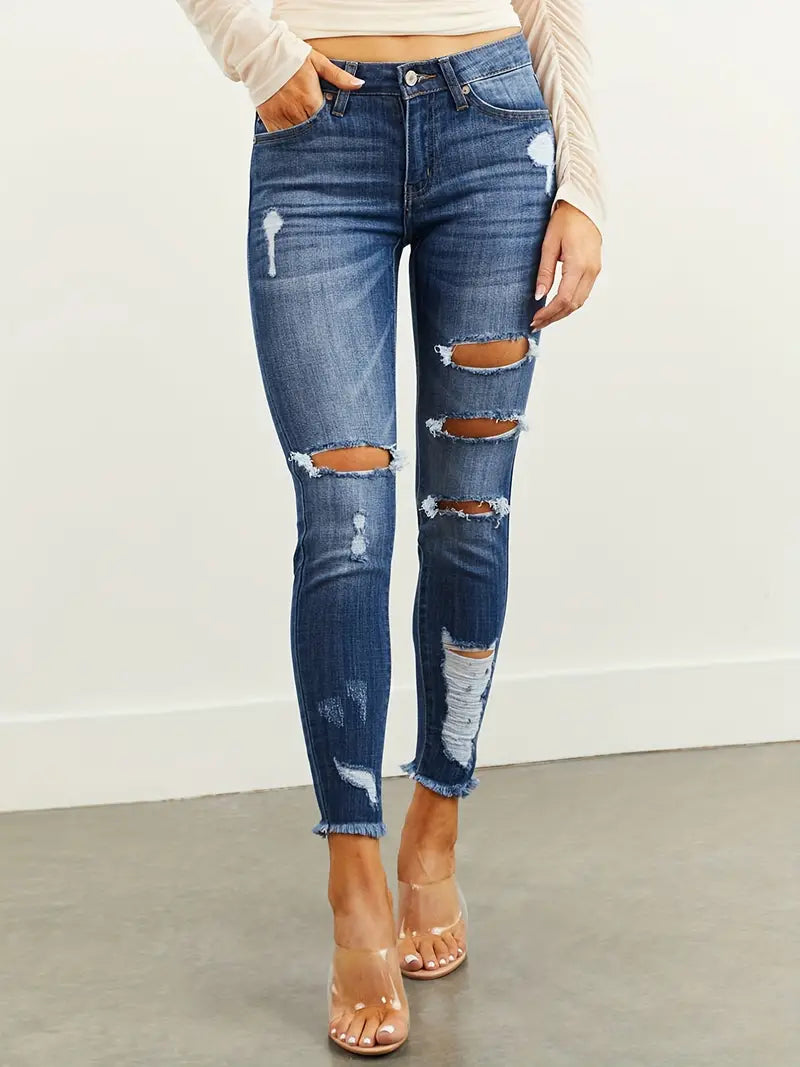 Women's Denim Jeans & Clothing: Ripped Raw Hem Distressed Cropped Jeans with Natural Waist & Slim Fit for a Casual Look