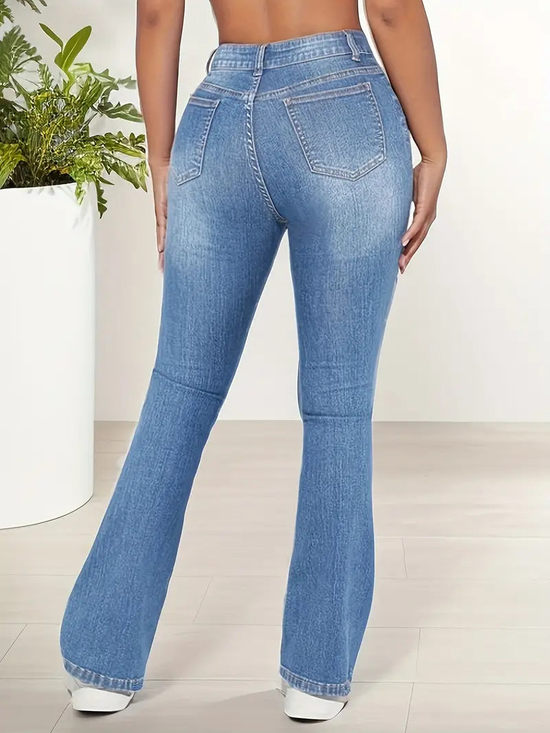 Jean évasé à trous déchirés bleu clair, pantalon en denim coupe slim à jambes larges, jeans et vêtements en denim pour femmes 