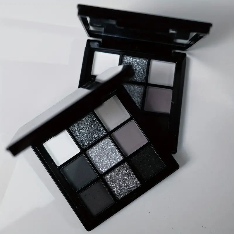 9 Colors Eyeshadow Palette, Dark Black Grey Silvery Color Shimmer Matte Finish Smokey Style Stage Party Performance Makeup