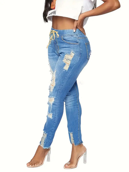 Blue Elastic Waist Skinny Jeans, Ripped Holes Frayed Hem Distressed Slim Fit Denim Pants, Women's Denim Jeans & Clothing