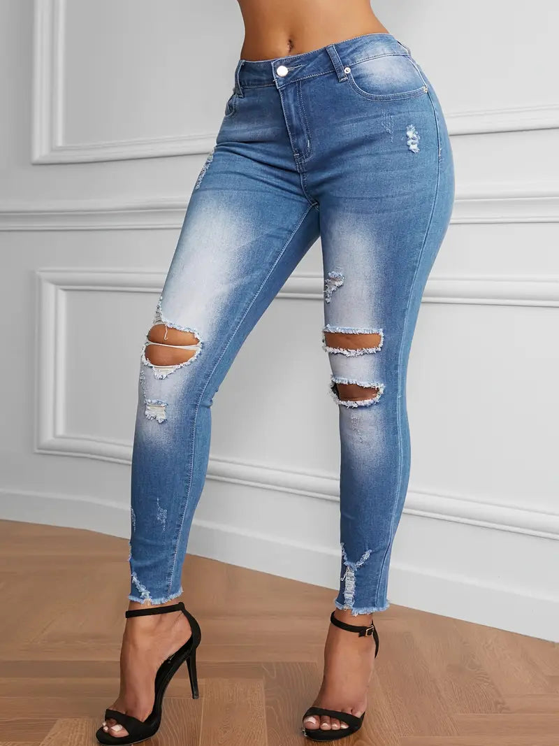 Vaqueros de mezclilla desgastados, de talle alto, rasgados y ajustados para mujer: ¡haga una declaración con jeans ajustados azules con dobladillo sin rematar! 