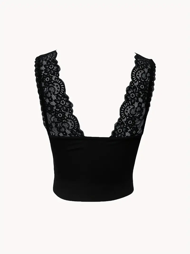 Sexy Summer Style: Women's Lace Splicing Scallop Trim V-Neck Crop Tank Top