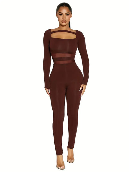 Solid Cut Out Mesh Splicing Jumpsuit, Casual Slim Long Sleeve Jumpsuit For Spring & Fall, Women's Clothing