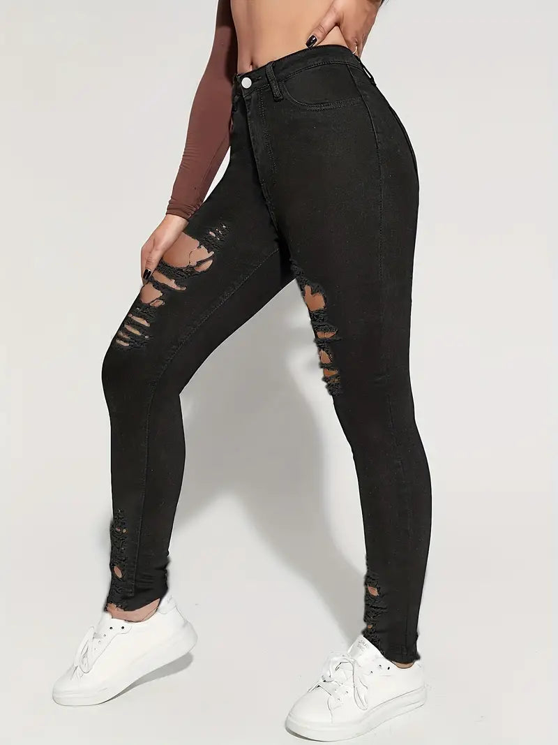 Black Raw Hem Skinny Jeans, Slim Fit Ripped High Waist Slash Pockets Distressed Denim Pants, Women's Denim Jeans & Clothing