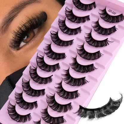 Glamorous Party-Perfect False Eyelashes: 10-Pair Pack of Unscented, Thick, High-Volume, Curly Russian Strip Lashes with Natural Appearance