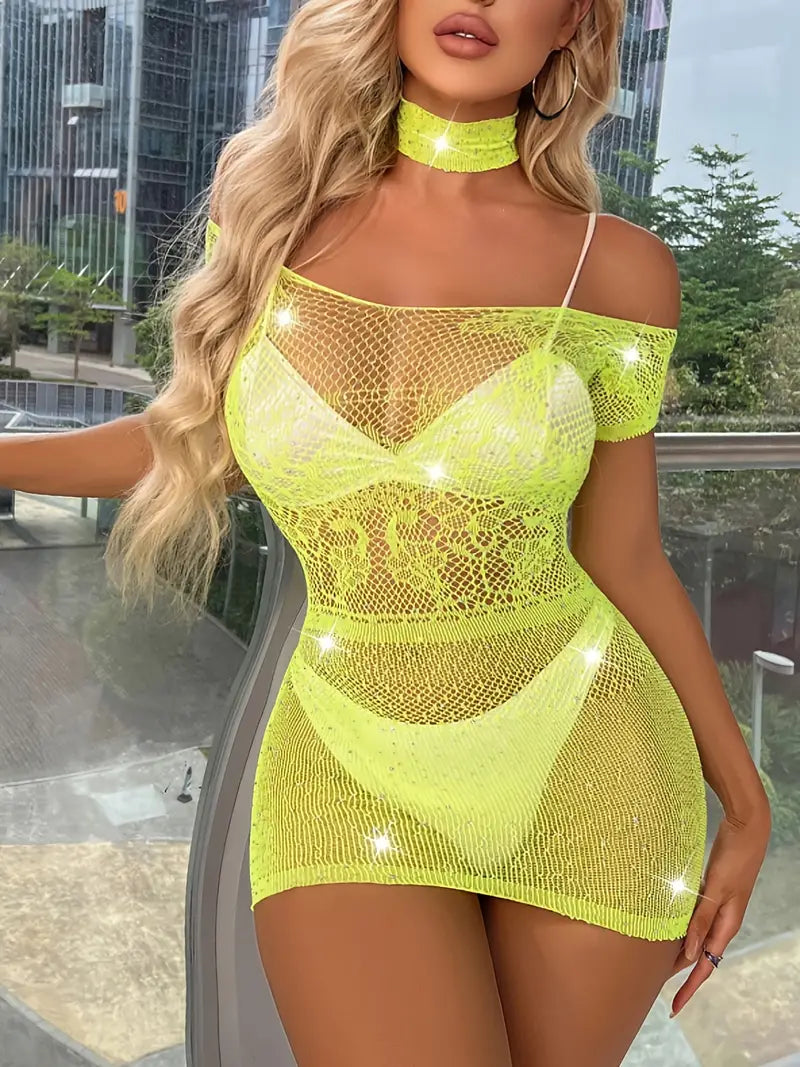 Stunning Fish Net Teddy Dress, Hollow Out Party Dress With Chocker, Women's Lingerie & Dresses