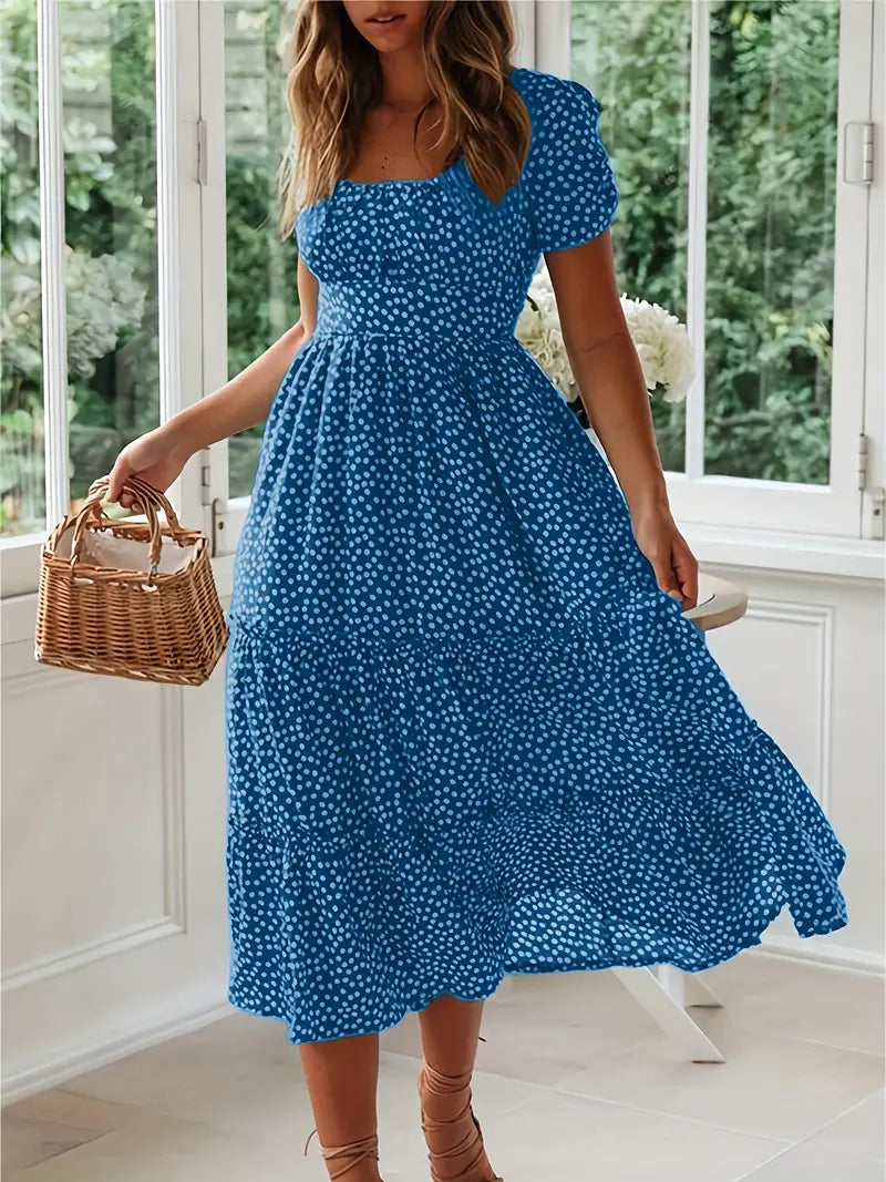 Polka Dot Ruffle Hem Dress, Casual Square Neck Short Sleeve Dress, Women's Clothing