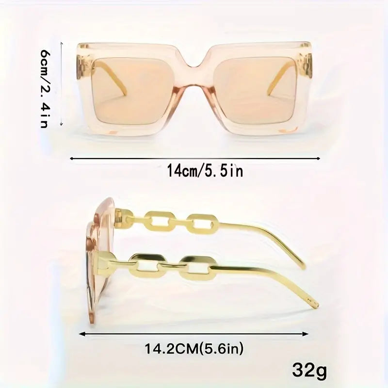 Vintage UV Protection Square Sunglasses, Fashion Chain Shaped Temple Plastic Frame Eyewear Shade Sports Glasses, For Travel