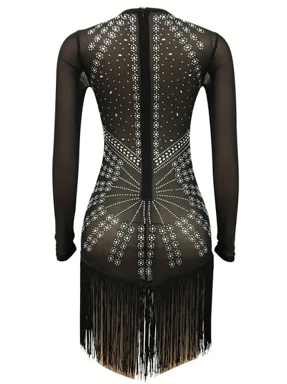 Rhinestone Tassel Dress, Sexy Semi-Sheer Long Sleeve Club Dress, Women's Clothing