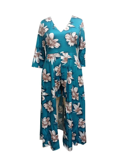 Plus Size Casual Romper, Women's Plus Floral Print Half Sleeve V Neck Slight Stretch Layered Romper