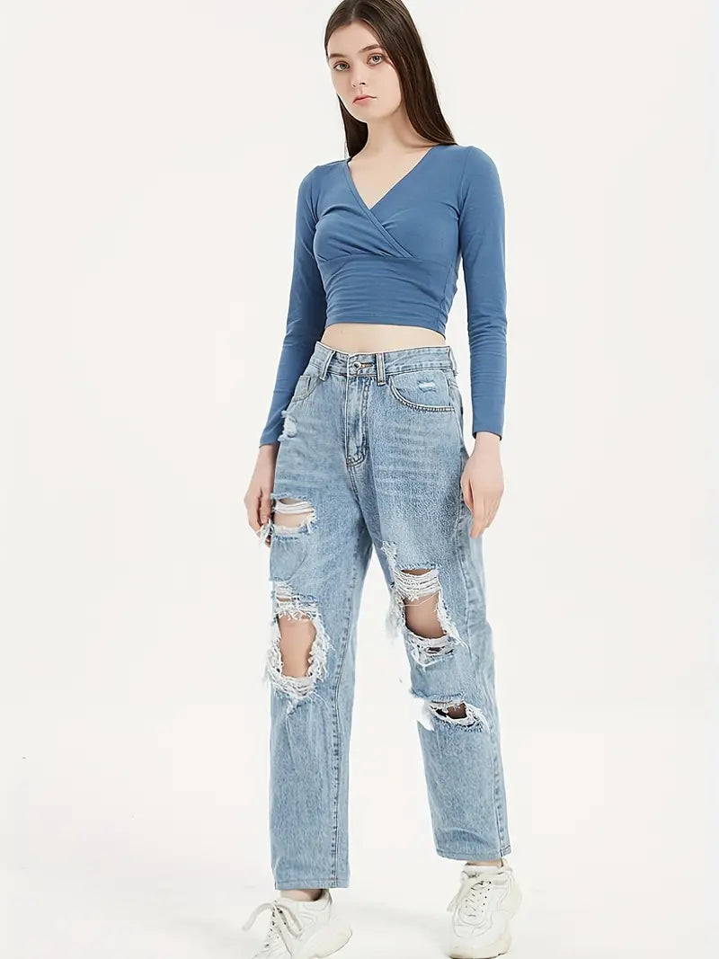 Jean en denim déchiré taille haute coupe ample pour femme - Poches obliques et pantalon ample non extensible 