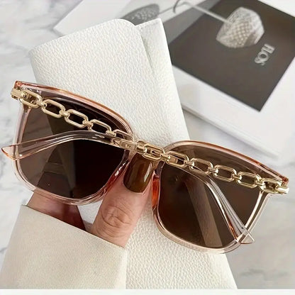 Trendy Chain Square Retro Street Sunglasses, Versatile Fashionable UV Protection Sunglasses For Outdoor Activities