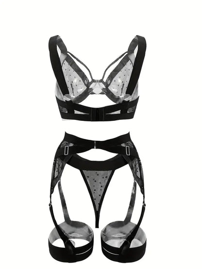 Sexy Mesh Lingerie Set with Ring Linked Bra and Garter Belt - Perfect for Women's Underwear and Sexy Nightwear