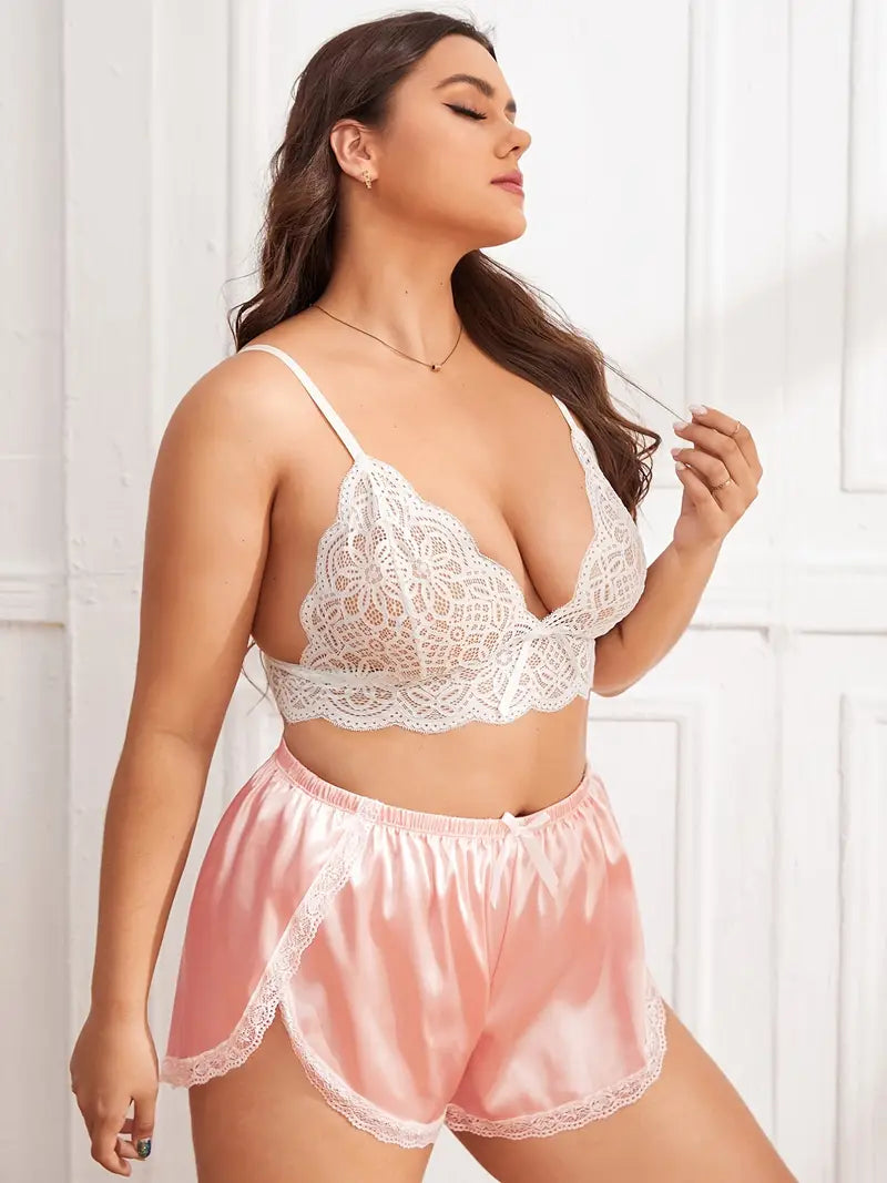 Ensemble de Lingerie Sexy grande taille pour femmes, garniture festonnée, soutien-gorge avec nœud en dentelle florale et short fendu en dentelle contrastée, ensemble de 2 pièces 