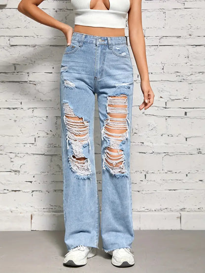 Women's Denim Jeans & Clothing: Blue Raw Hem Straight Jeans with Ripped Holes & High Waist Loose Fit