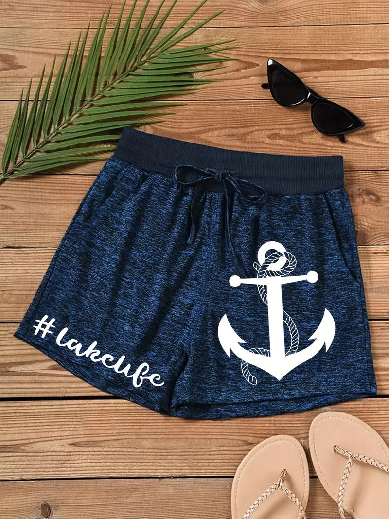 Women's Summer Casual Shorts: Anchor Print Drawstring Elastic Waist Shorts