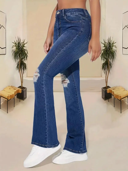 Ripped Stretchy Flare Leg Jeans, High Rise Whiskering Bell Bottoms Denim Pants, Women's Denim Jeans & Clothing