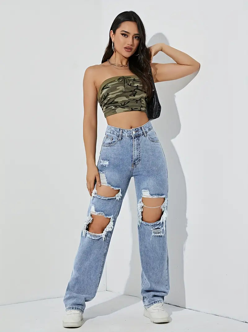 High Rise Ripped Thigh Distressed Front Fabrics Straight Lets Loose Fit Zipper Button Closure Plicated Hem Light Blue Boyfriend Jeans, Women's Denim Jeans, Women's Swimwear