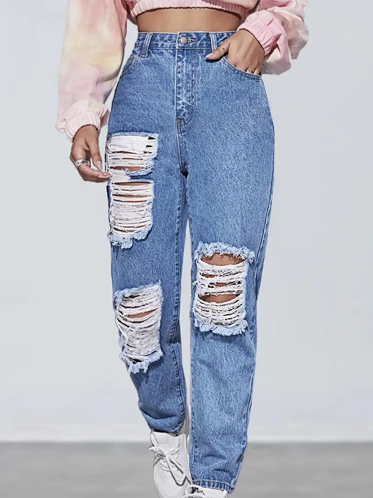 Light Blue Ripped Straight Jeans, Distressed Loose Fit High Waist Denim Pants, Women's Denim Jeans & Clothing