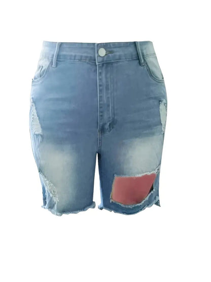 Plus Size Sexy Denim Shorts, Women's Plus Solid Ripped Fringe Trim Button Fly High Rise High Stretch Irregular Hem Denim Shorts