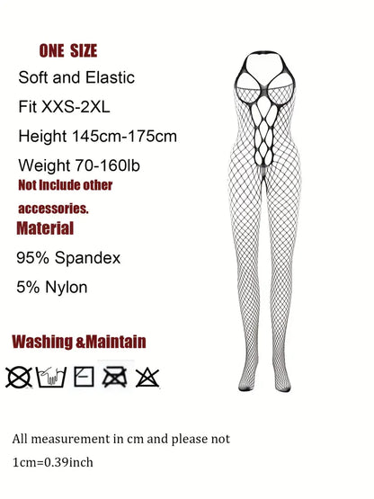 Sexy Fishnet Bodystocking, Hollow Out Halter Open Crotch Mesh BodySuit, Women's Lingerie & Underwear