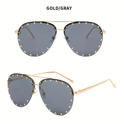 Top Bar Fashion Aviator Sunglasses For Women's Men Oversized Semi Rimless Glasses Rivet Decor Eyewear