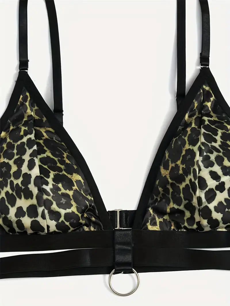 Plus Size Sexy Lingerie Set, Women's Plus Leopard Print Ring Detail Triangle Bra & Strappy Thong 2pcs Set