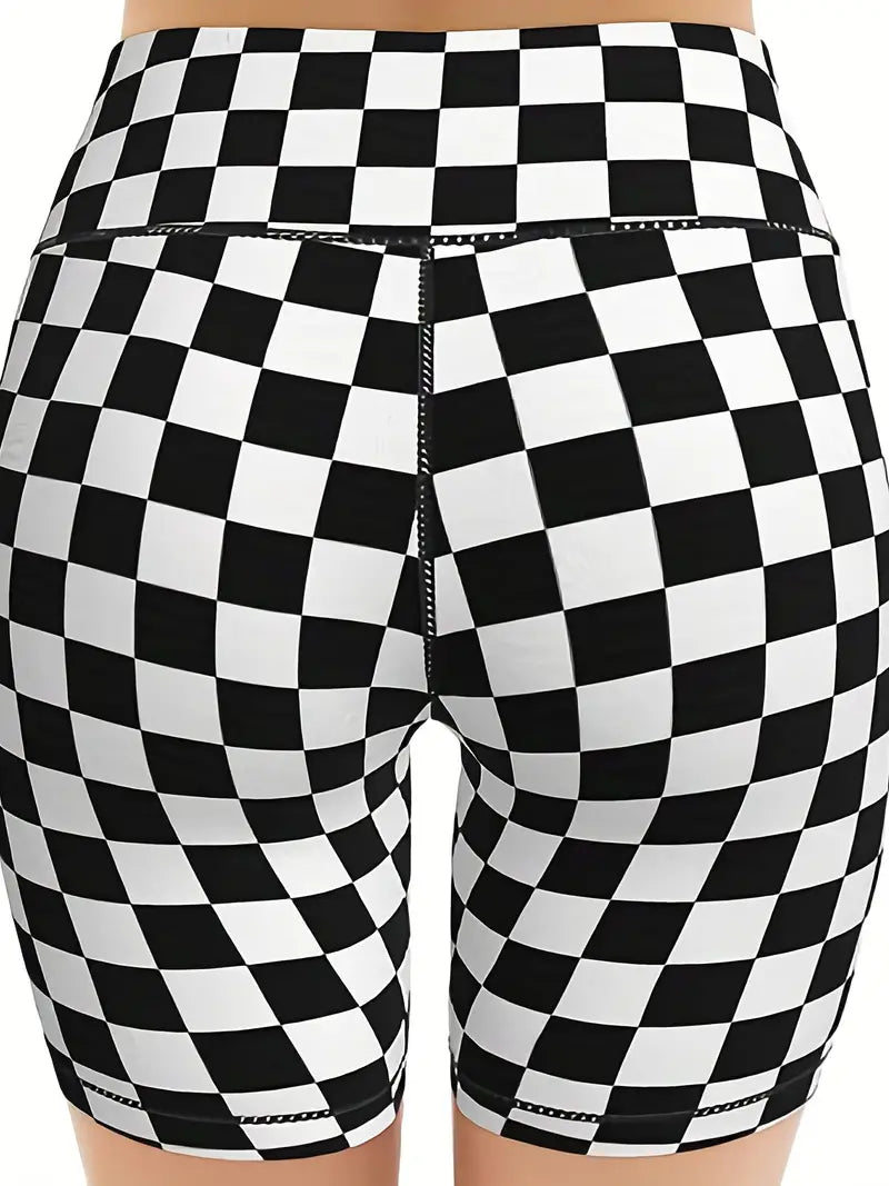 Checkerboard Hip Lifting Yoga Sports Shorts, High Waist Workout Biker Shorts, Women's Activewear