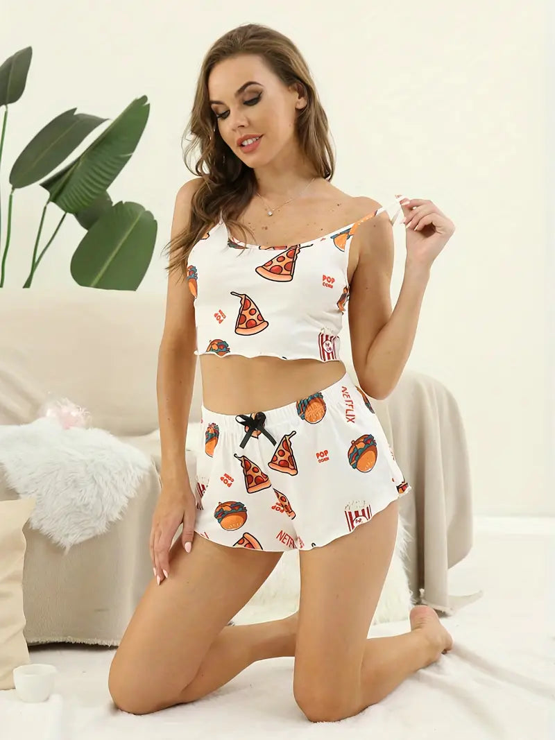 Women's Printed Bow Pajama Set - Look & Feel Comfy & Chic in this Sleeveless Cami & Fungus Trim Loose Shorts!