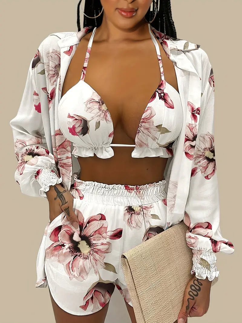 Sexy Floral Print Bra & Short Sleeve Blouse & Floral Print Shorts Set, Women's Clothing