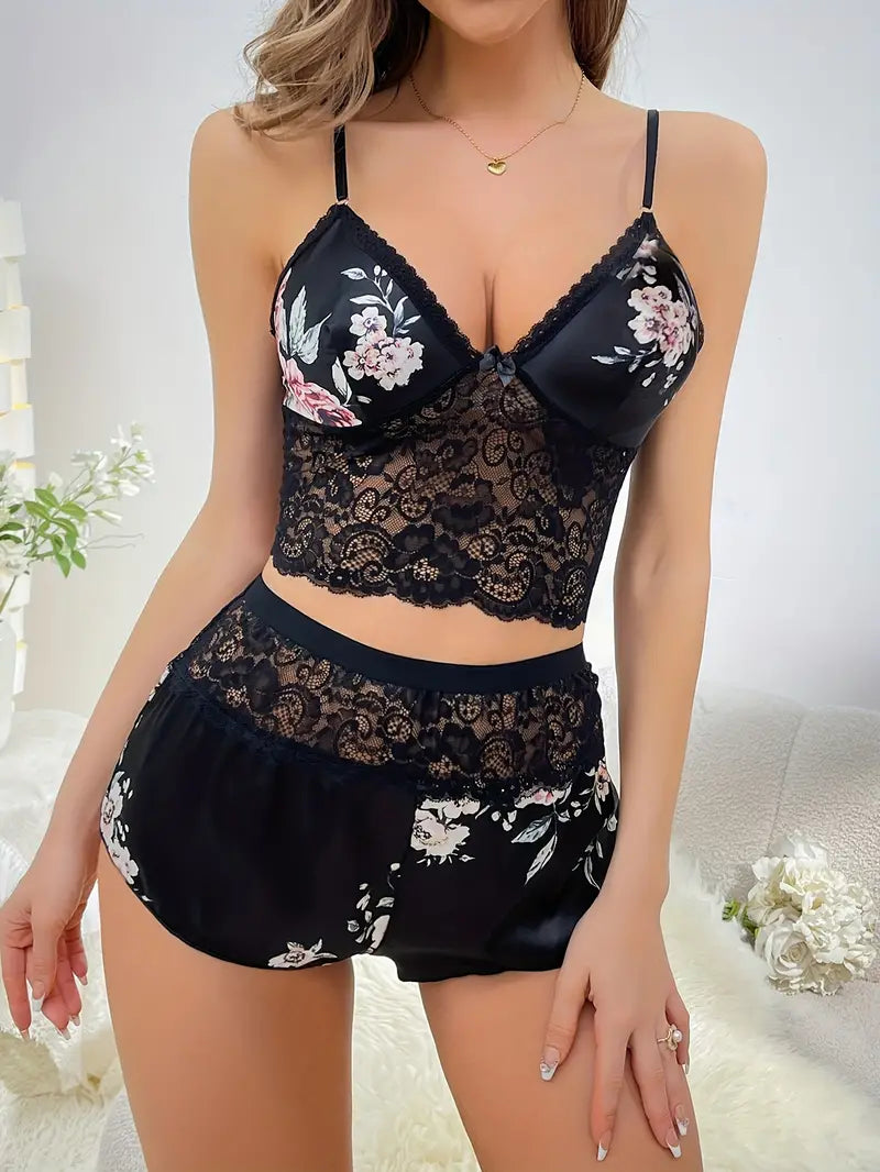 Women's Lace Cami Top With Shorts With Panties 2 Piece Set Sexy Lingerie Pajama Set