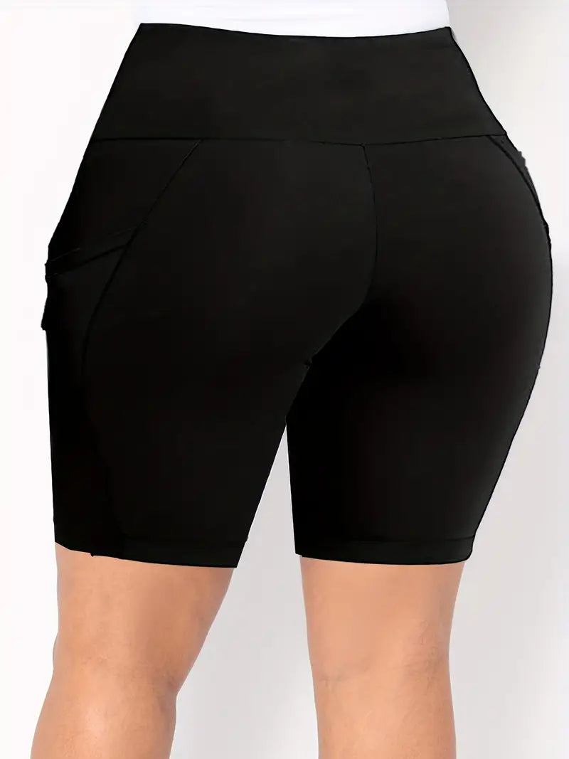 Plus Size Sports Shorts, Women's Plus Solid High Rise Slight Stretch Skinny Fitness Shorts With Pockets