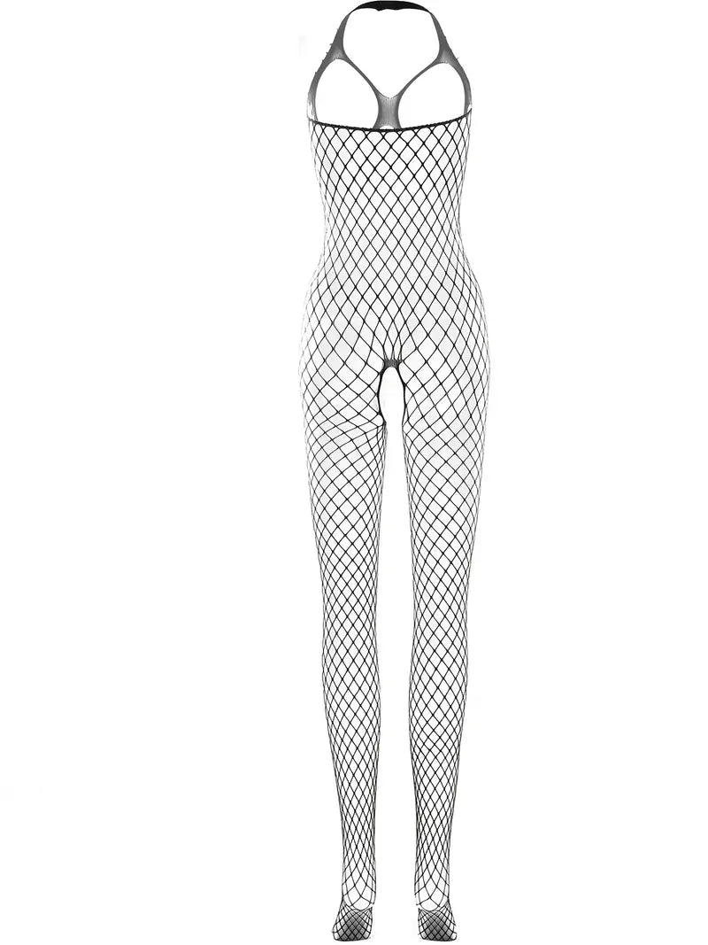 Sexy Fishnet Bodystocking, Hollow Out Halter Open Crotch Mesh BodySuit, Women's Lingerie & Underwear