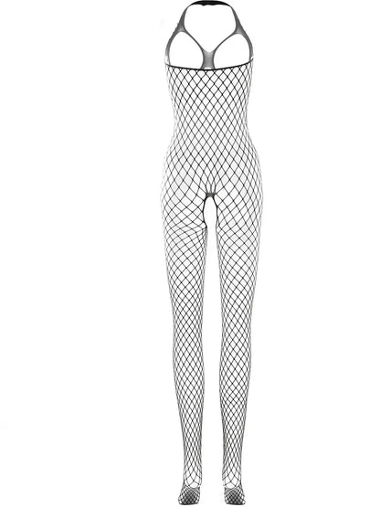 Sexy Fishnet Bodystocking, Hollow Out Halter Open Crotch Mesh BodySuit, Women's Lingerie & Underwear