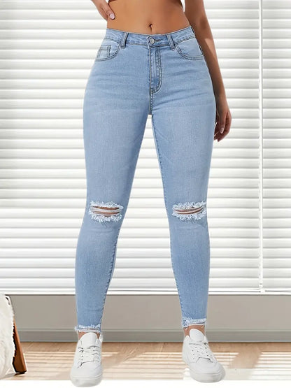 Women's High Rise Ripped Skinny Jeans - Distressed Cut Out Knee & Raw Hem Denim Pants