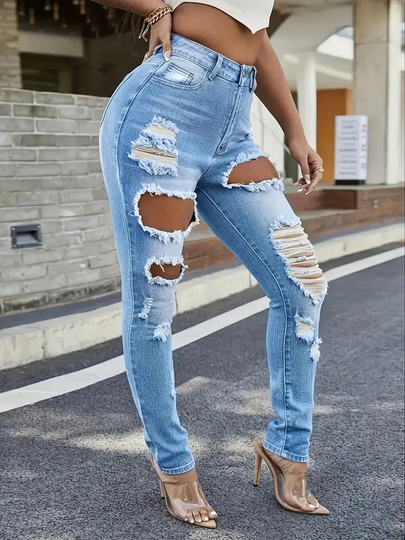 Ripped Slim Fit Denim Pants, Light Blue Distressed Slant Pocket Jeans, Women's Denim Trousers