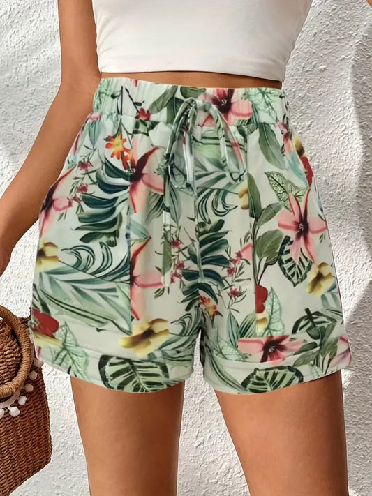 Floral Print Fake Drawstring Shorts, Casual Pocket Shorts For Spring & Summer, Women's Clothing