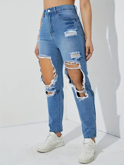 Women's Y2K Style High Waisted Distressed Denim Jeans with Ripped Slash Pockets