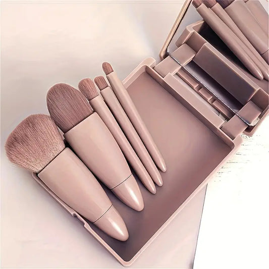 5pcs Travel Size Makeup Brushes Set With Case And Mirror, Small Complete Function Cosmetic Brushes Kit, Professional For Eyeshadow Loose Powder Blush Foundation Blending, Perfect For On The Go