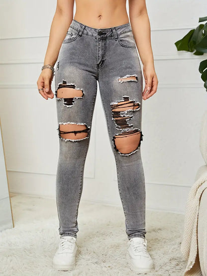 Women's Street Style Denim Pants: Ripped High Waist Washed Distressed Jeans with High Stretch Solid Color