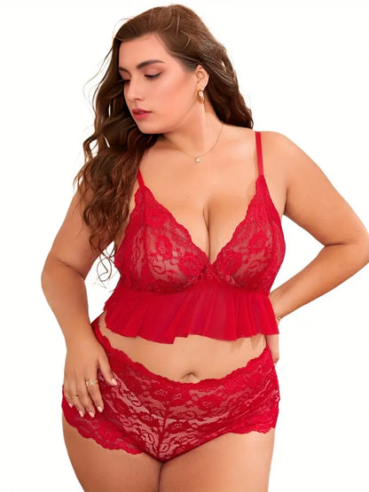 Plus Size Sexy Lingerie Set: Contrast Lace & Semi Sheer Costumes for Women