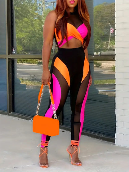 Plus Size Sexy Outfits Set, Women's Plus Colorblock Contrast Mesh Twist Front Crop Top & Leggings Outfits Two Piece Set