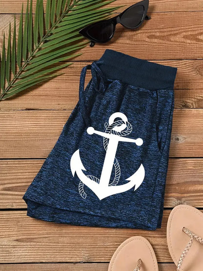 Women's Summer Casual Shorts: Anchor Print Drawstring Elastic Waist Shorts