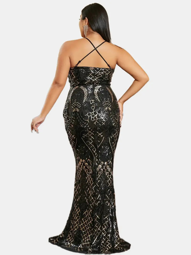 Plus Size Sexy Occasion Dress, Women's Plus Sequin Spaghetti Strap Deep V Neck Criss Cross Backless Slight Maxi Mermaid Dress