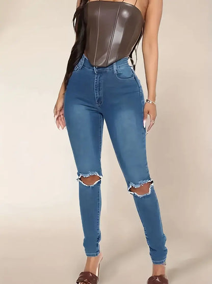 Blue Ripped Holes Skinny Jeans, High Waist Slim Fit High-Stretch Casual Denim Pants, Women's Denim Jeans & Clothing