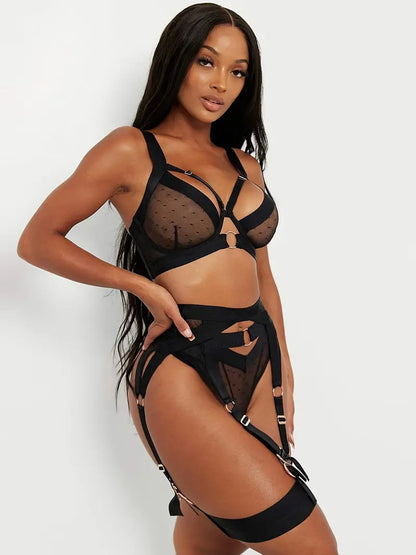 Sexy Mesh Lingerie Set with Ring Linked Bra and Garter Belt - Perfect for Women's Underwear and Sexy Nightwear